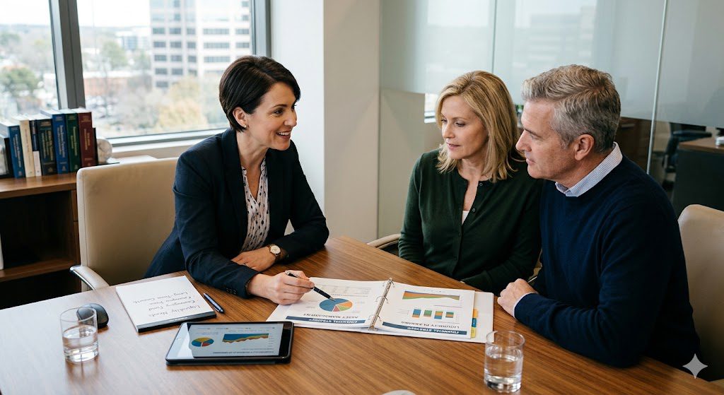 Financial advisor discussing liquidity planning and asset management strategy with clients